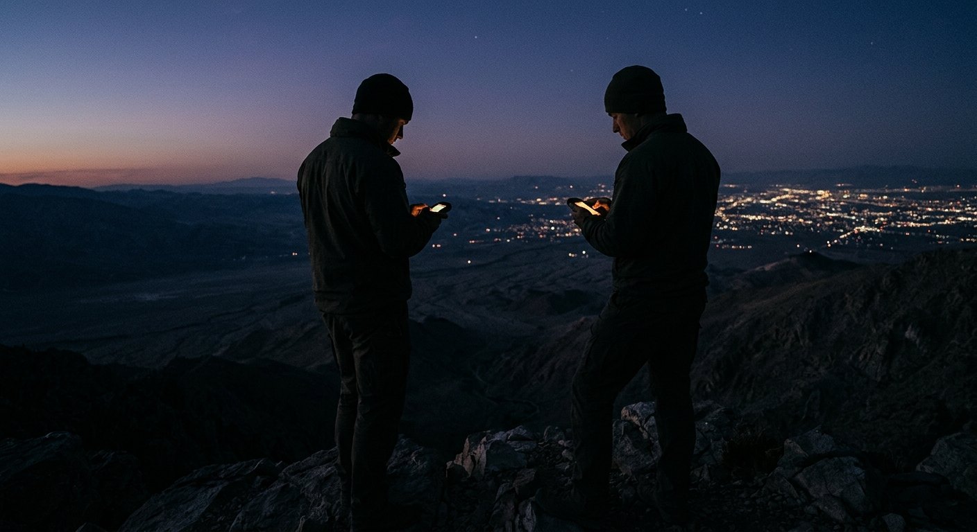 Two operators on a ridge at night checking positions on handheld devices above a valley of city lights
