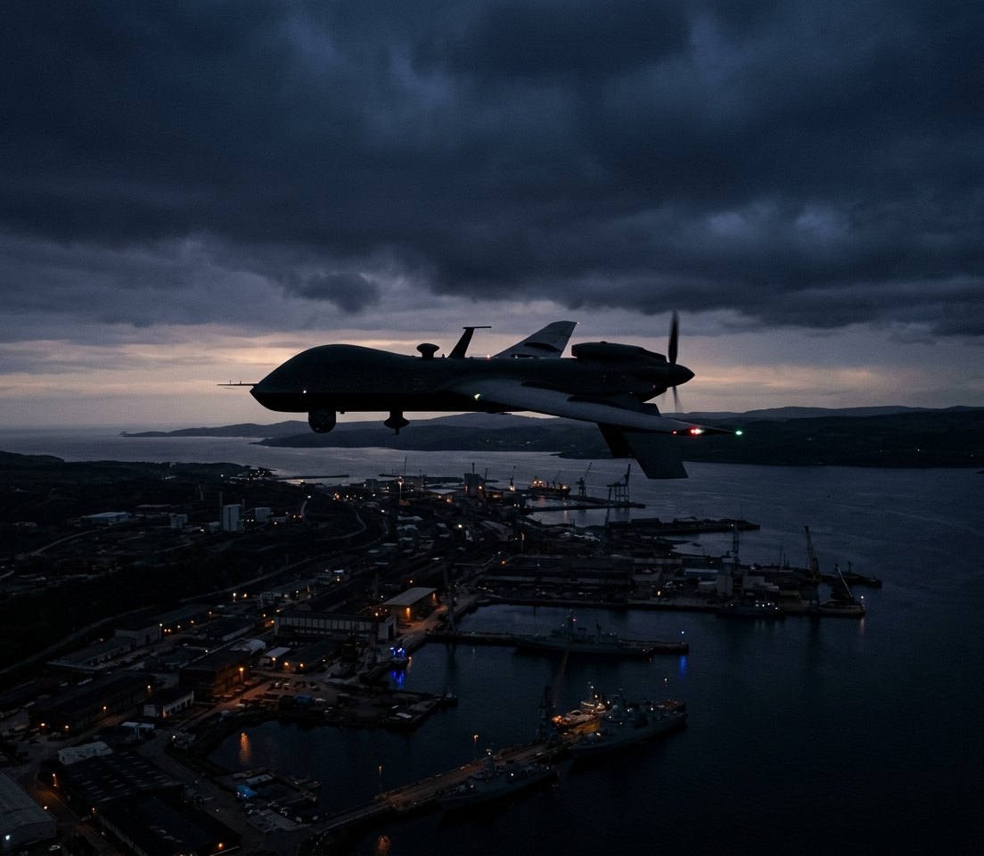 Unmanned aircraft flying at dusk over a harbor