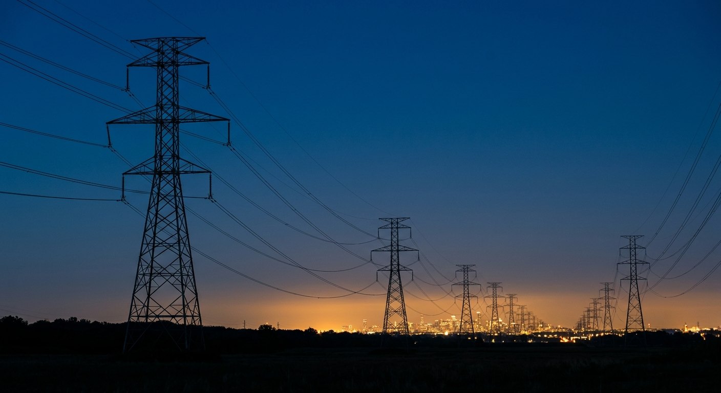 High-voltage transmission towers in silhouette at dusk receding toward a glowing city skyline