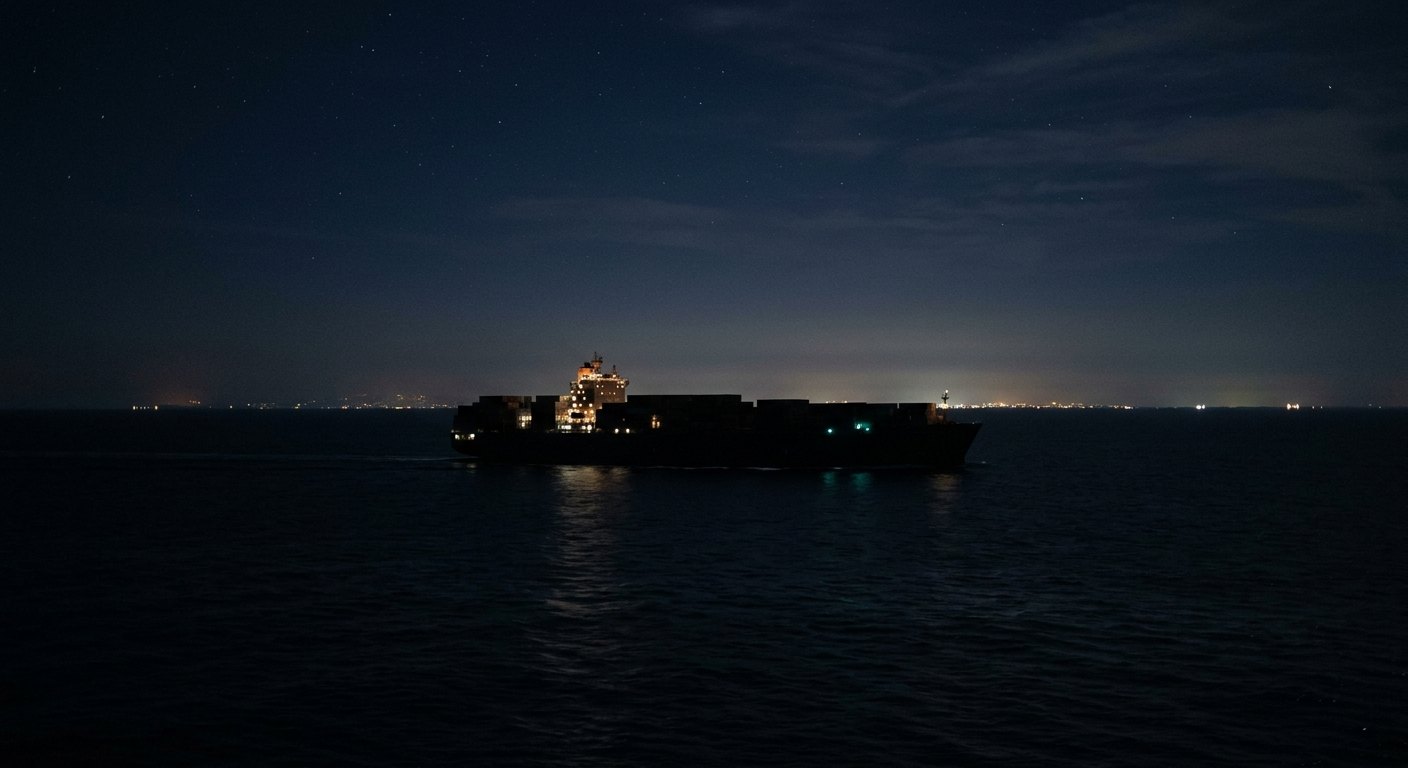 Cargo ship at night on a dark ocean, bridge lights glowing, navigating by instruments
